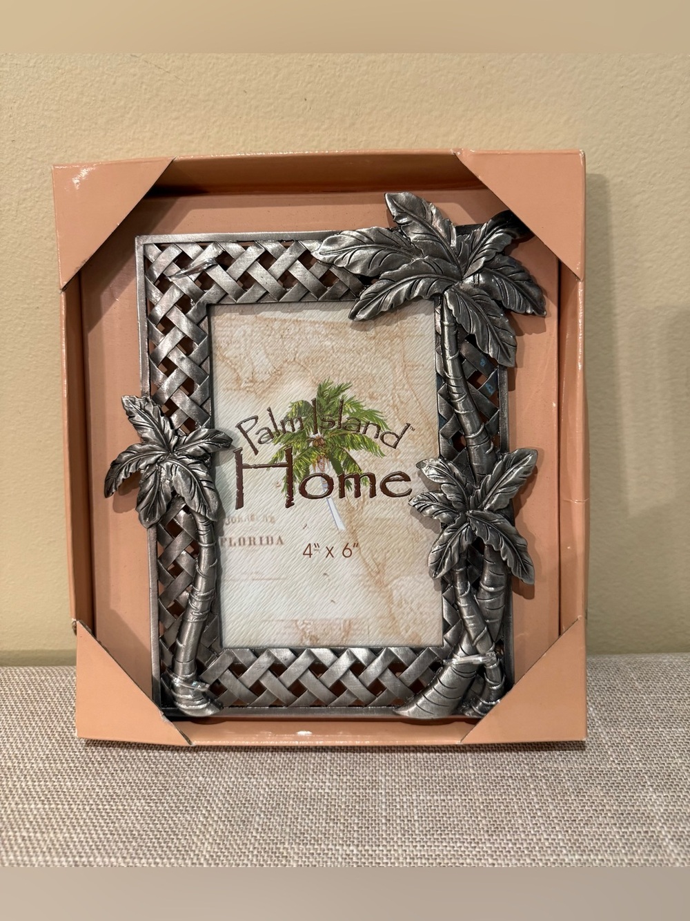Palm Island Home Silver Pewter Metal 4x6 Photo Frame Coastal Island Decor NIB